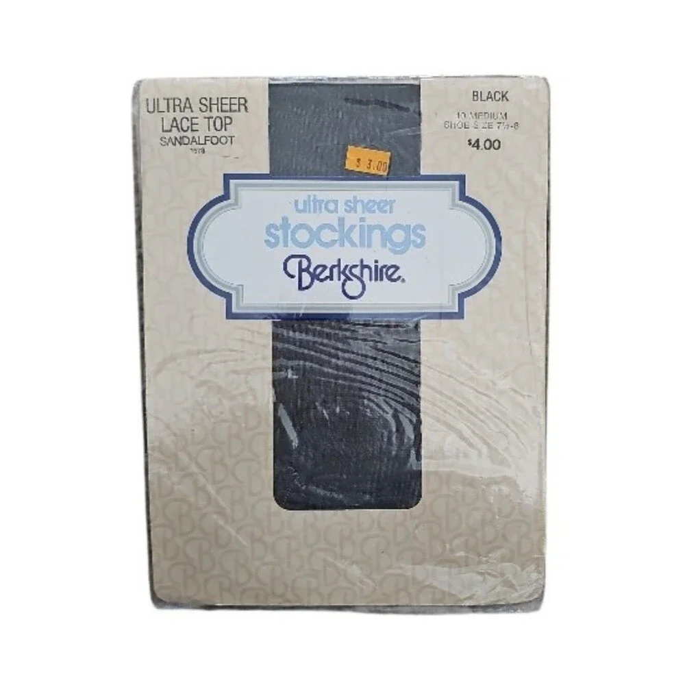 Vintage Berkshire Ultra Sheer Stockings M Black Lace Top Sandalfoot NOS 80s